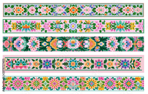 Premium modern pastel traditional Korean Dancheong floral seamless border pattern vector set