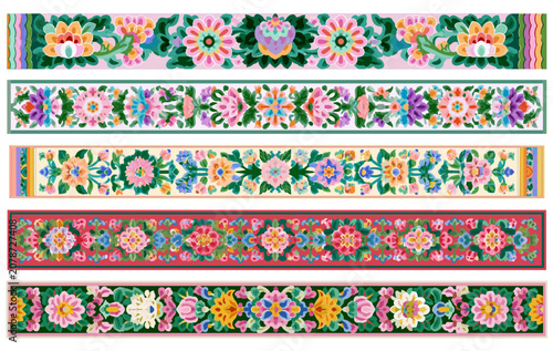 Premium modern pastel traditional Korean Dancheong floral seamless border pattern vector set