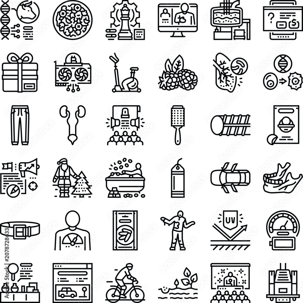 Fototapeta premium Collection of outline icons symbolizing a wide range of topics from science, medicine, technology, and lifestyle to industry and various abstract concepts, suitable for digital interfaces