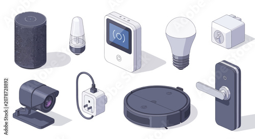 Smart Home Devices Vector Illustration Featuring Security Camera, Robot Vacuum, and IoT Gadgets