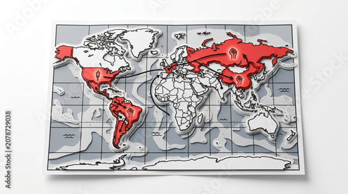 World map with highlighted countries in red and white.