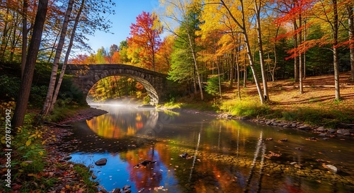 Serene Autumn Forest Scene with Bridge and Reflection.