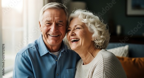 Joyful Elderly Couple Laughing Together Indoors.