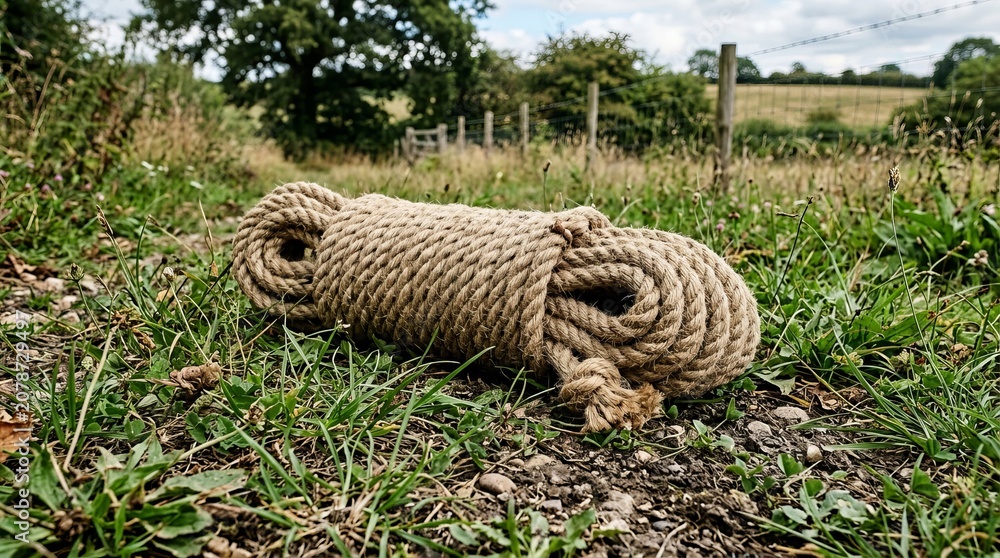 Fototapeta premium Coiled natural fiber rope resting on grassy outdoor field.