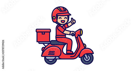 Smiling delivery person on red scooter in flat vector style