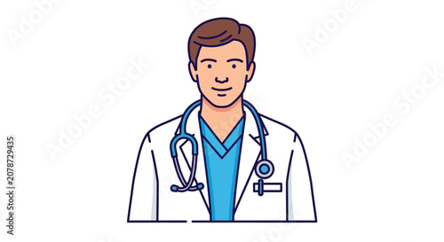 Smiling male doctor in white coat with stethoscope, vector illustration