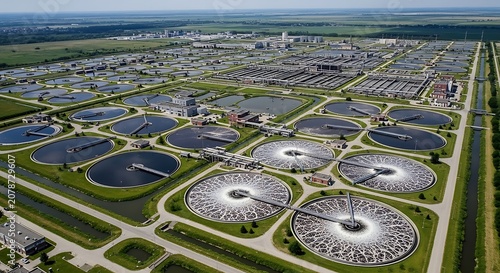 Modern Wastewater Treatment Plant with Circular Clarifiers and Infrastructure.
