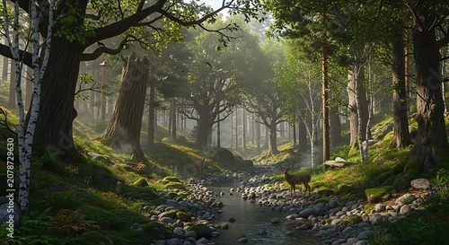 Serene Forest Stream in Lush Green Environment.