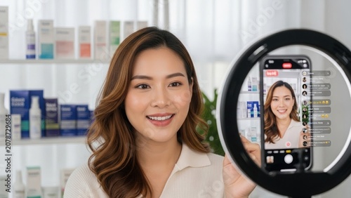 Asian beauty influencer livestream skincare review, Young Asian woman recording a skincare product review with smartphone and ring light, cosmetic store background, livestream interface, social media 
