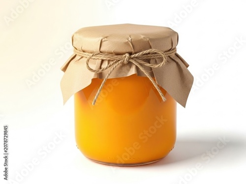 Glass jar of honey with rustic packaging, filled with golden honey wrapped in kraft paper and tied with natural twine, isolated on a light background, minimal composition, soft daylight 