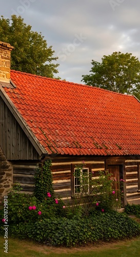 Rustic Cottage with Red Tiled Roof and Green Garden.