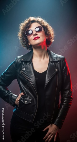 Fashion portrait of confident woman in leather jacket, Confident young European woman wearing a black leather jacket and sunglasses, short curly hair, dramatic blue and red studio lighting, modern 