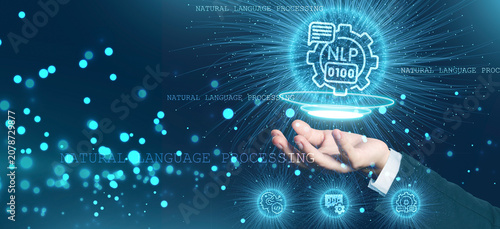 Futuristic natural language processing concept featuring holographic AI interface, intelligent language technology, digital analytics and smart automation above a human hand.
