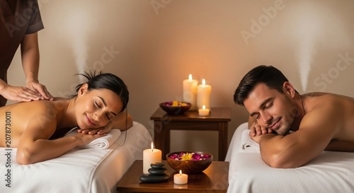 Couple enjoying relaxing spa massage treatment, Young Asian woman and young Caucasian man receive massage on spa tables. Candles and aromatherapy create a calm setting. Realistic style. Wellness