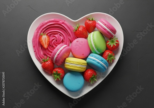Colorful macarons and strawberries in heart shaped bowl, Heart shaped bowl holds colorful macarons, fresh strawberries and pink cream. Top view on a dark background. Realistic style. Dessert, celebrat