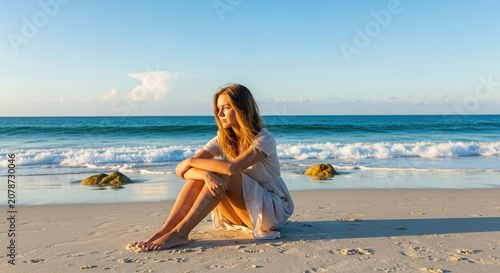 Young woman sitting alone on a sandy beach at sunset, Caucasian woman with long blond hair sits on a sandy beach facing ocean waves. Warm sunset light and natural colors. Realistic style. Travel, mind