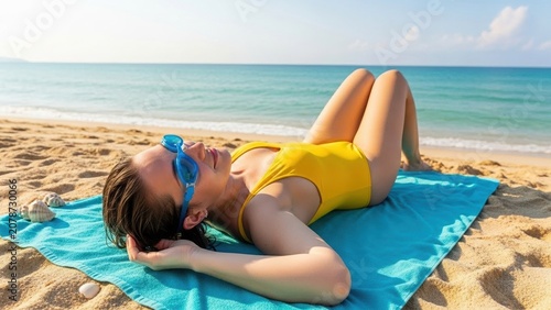 Young woman relaxing on beach in yellow swimsuit, Caucasian woman relaxes on a towel beside the ocean. Yellow swimsuit and blue swim goggles stand out in bright sunlight. Realistic style. Summer vacat