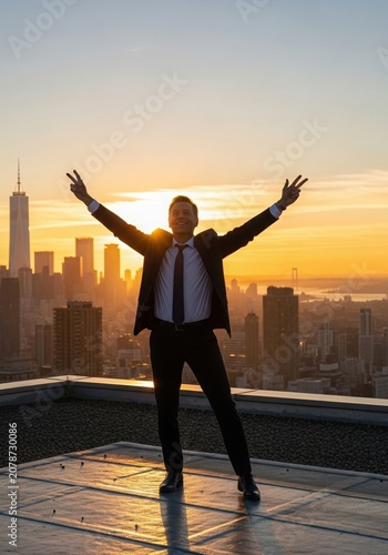 Successful businessman celebrating on rooftop at sunrise, Middle aged Caucasian businessman stands on a rooftop with raised arms above a city skyline at sunrise. Golden light and realistic style