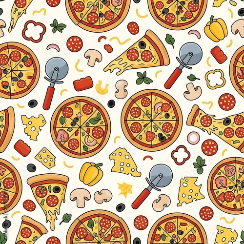 Colorful Pizza Pattern with Various Toppings and Slices for Food Lovers.