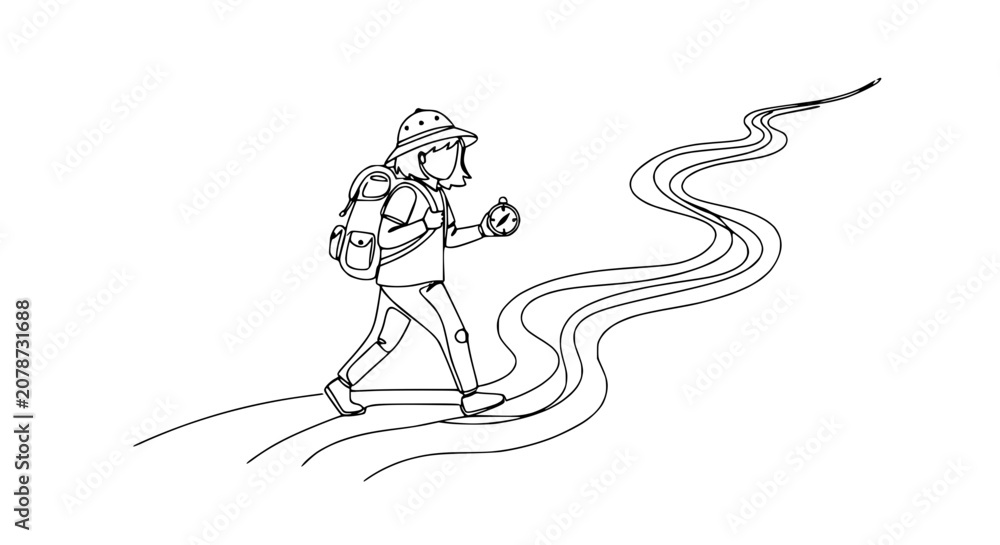 Obraz premium Adventurous hiker with backpack and compass walks along a winding path, line art illustration.