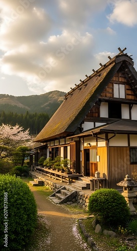 Traditional Japanese House with Thatched Roof and Garden Scene.