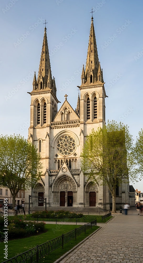 Obraz premium Historic Gothic Church with Twin Spires and Detailed Facade in a City Park.
