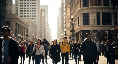 Crowd of Diverse People Walking in Urban City Street.