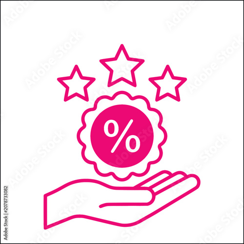 Pink line art discount icon with hand and stars, percentage badge symbol for retail marketing, promotional offer vector illustration