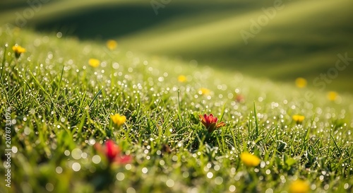 Vibrant Wildflower Meadow with Dew Drops and Sunlight.