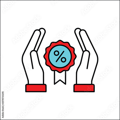 Discount offer icon with hands protecting a percentage badge, promotional sale vector illustration, retail savings and special deal concept