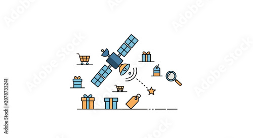 Quadro su tela A satellite transmits data signals to various shopping icons on a white backgrou