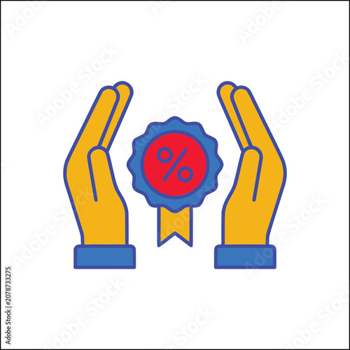 Discount offer icon with hands protecting a percentage badge, flat vector illustration of a promotional sale seal, financial savings and retail marketing concept