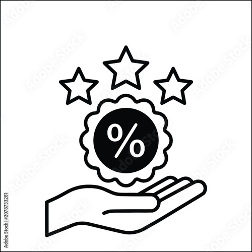 Minimalist discount icon with hand and stars, black line art percentage badge vector, retail promotion and customer loyalty concept