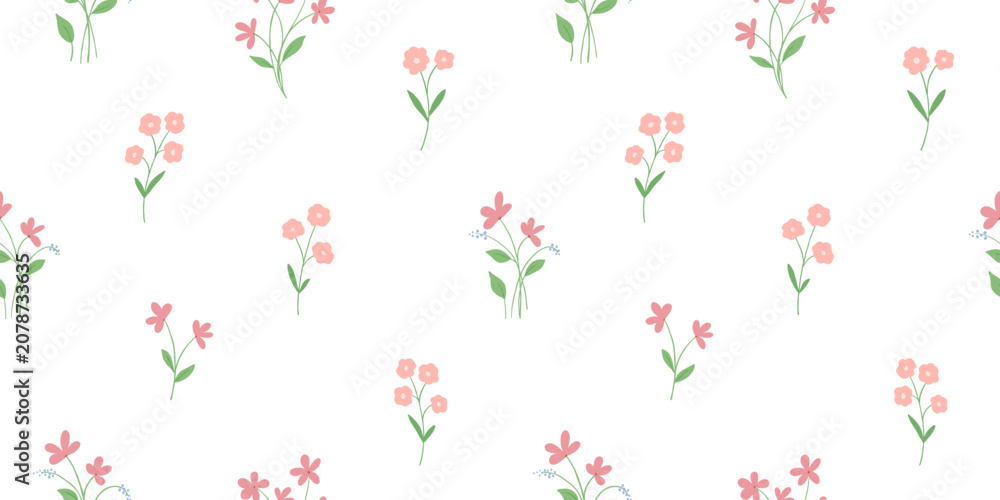 Naklejka premium Cute seamless vector floral texture with tiny flowers bouquets on white background, repeating background with mini blossom, ditsy illustrations