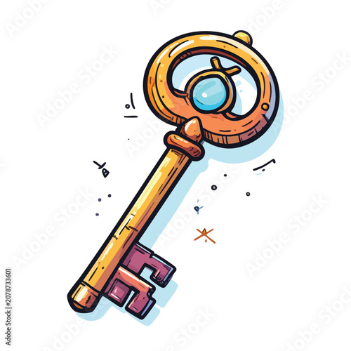 An ornate fantasy golden key with a glowing blue gem.