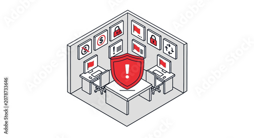 Canvastavla An isometric illustration of a secure office environment with digital warning ic