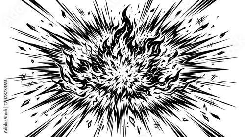 Tableau sur toile Explosive Fire Burst Black and White Comic Style Illustration