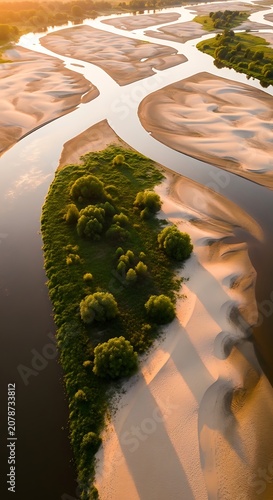 Aerial View of River with Sandbars and Greenery.