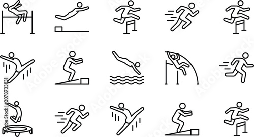 Foto Track and field sports line icon set featuring running hurdles high jump pole va