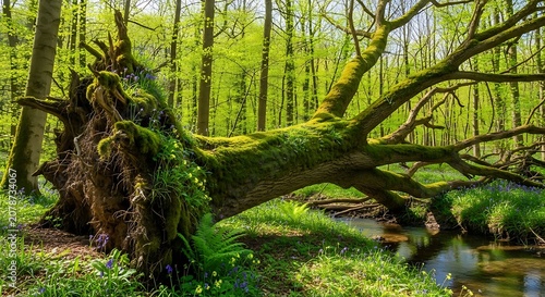 Majestic Fallen Tree in Vibrant Green Forest Scene.