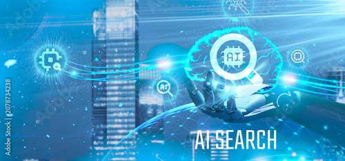 Futuristic AI search concept featuring robotic hand, digital brain, intelligent search technology, artificial intelligence, smart automation and advanced data analytics.