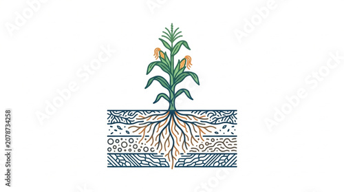 Photos Plant with extensive root system growing in soil layers.