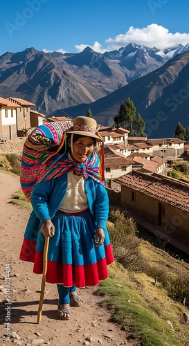 Traditional Peruvian Woman Walking Through Mountain Village.