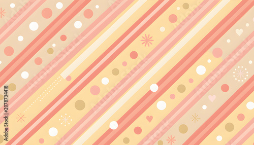 Abstract pastel peach and pink diagonal stripe background with polka dots and hearts