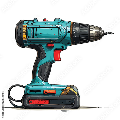 Illustration of a professional cordless electric drill power tool.