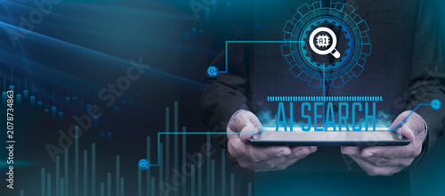 Modern AI search technology concept featuring intelligent search interface, digital analytics, business intelligence, artificial intelligence and automation on a futuristic tablet.