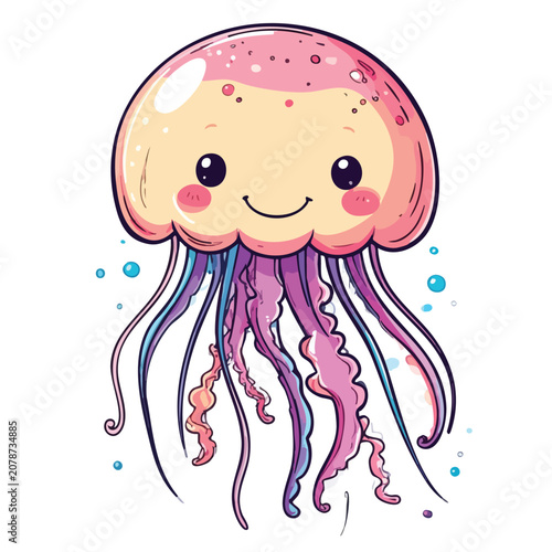Cute cartoon jellyfish illustration with pink and purple tentacles.