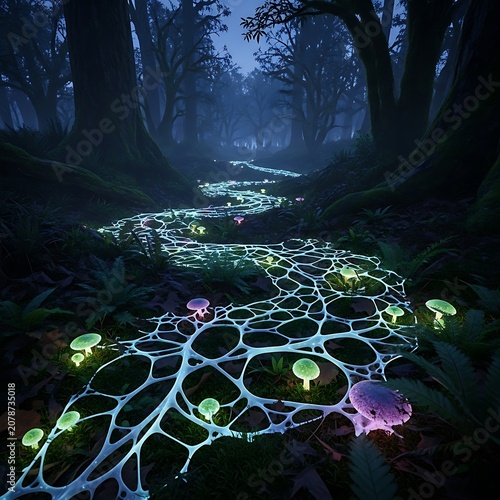Bioluminescent Forest Pathway with Glowing Mushrooms and Plants at Night.