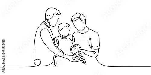 Canvastavla Continuous line drawing of a man handing keys to another man with a child