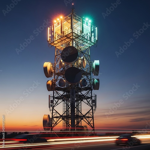 Night View of Illuminated Communication Tower with Lights.
